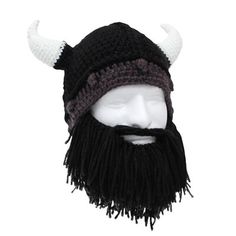 a knitted viking hat with horns and beard on top of a mannequin's head