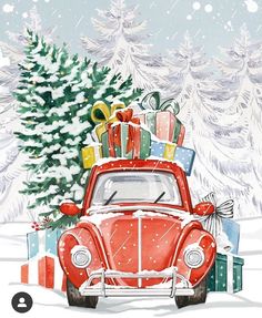 an old red car with presents on top in the snow