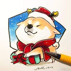 a drawing of a dog with a santa hat and scarf on it's head