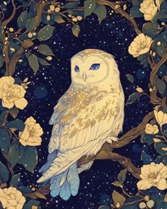 an owl is sitting on a tree branch in the night sky with stars and flowers