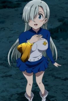 an anime character with long white hair and blue dress holding a banana in her hand