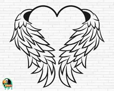 two wings in the shape of a heart with black outline on a white brick wall