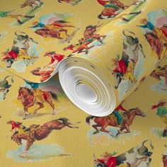 a yellow wallpaper with horses and jockeys on it's back drop down