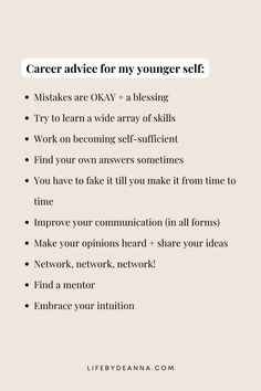 a poster with the words career advice for my younger self