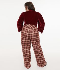 These chic, plus size beauties features a burgundy plaid print with a trendy double belt design that adds a touch of flair to any outfit. With comfortable side pockets and a sleek side zipper, they’re as functional as they are fashionable. Made from high-quality woven fabric, you’ll love the way they feel while turning heads wherever you go..Available in sizes XS-5X while supplies last. | Unique Vintage Plus Size Burgundy Plaid Double Belt Woven Pants | Size 2X/18 Chic Plus Size, Double Belt, Vintage Plus Size, Plaid Trousers, Belt Design, Plus Size Beauty, Girl Fits, Plaid Print, High Waisted Trousers