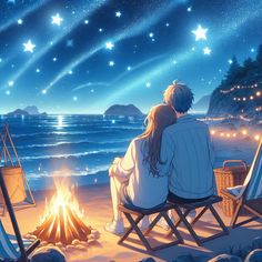 two people sitting on beach chairs watching the stars