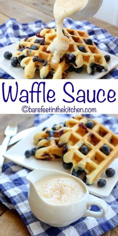 waffle sauce being drizzled on top of blueberries