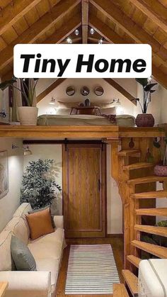 a tiny home with stairs and couches in the living room is featured on this page