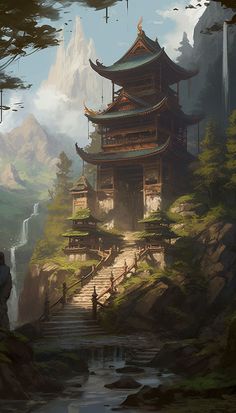 Discover this alluring illustration of a secluded temple perched atop a hill, accessible by a grand staircase, embraced by a lush, ancient forest. Marvel at the exquisite gateway and the majestic snow-capped mountains in the distance, celebrating the harmony of spirituality and nature's grandeur. Perfect for a mobile wallpaper or background. Swamp Town, Mountain Jungle, Temple Wallpaper, Hidden Temple, Chinese Mountains, Fantasy Cities, Jungle Temple, Silent Witness, Japan Temple