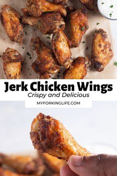 chicken wings with dipping sauce on top and the words jerk chicken wings crispy and delicious