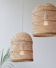 two woven lamps hanging from the ceiling next to a potted plant