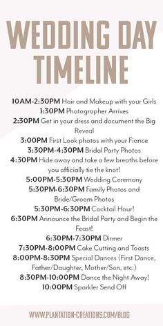 an event poster for the wedding day time line