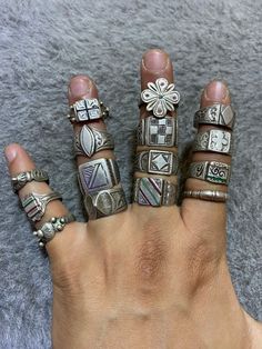 This is 15 old berber silver rings with etched and embossed decoration on the silver. The rings has a great old patina. Total weight : 71g Silver Gem Rings, Moroccan Rings, Silver Chunky Rings, Alt Rings, Dope Jewelry Accessories, Funky Rings, Moroccan Jewelry, Vintage Silver Jewelry, Antique Silver Rings