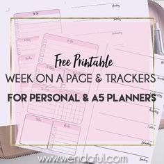 a pink planner with the text free printable week on a page & trackers for personal and 45 planners