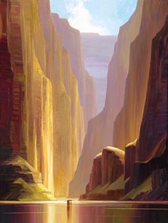 a painting of the grand canyons and cliffs that are reflected in the still water