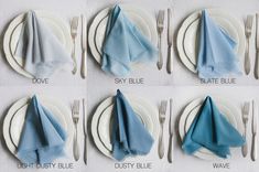 six different napkins on plates with forks and knives