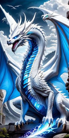 a blue and white dragon sitting on top of a rock