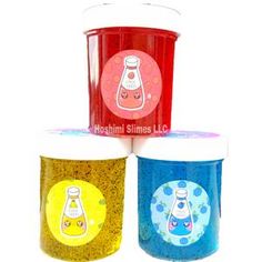 three different colored plastic containers with designs on the lids and sides, each containing an individual's own liquid