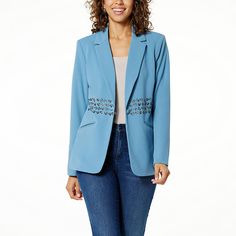 Colleen Lopez Embellished Waist Knit Blazer  Make any look when you add this embellished blazer to the ensemble. The soft topper's simple, classic silhouette and cool, boutique-inspired beading are fab for putting together elevated takes on fun statement style. Embellished Blazer, Classic Blazer, Knit Blazer, Stretch Crepe, Classic Silhouette, Black Blazers, Holiday Fashion, Outerwear Jackets, Fashion Statement