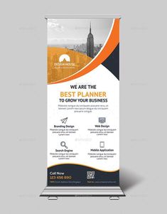 a roll up banner with an orange and black design