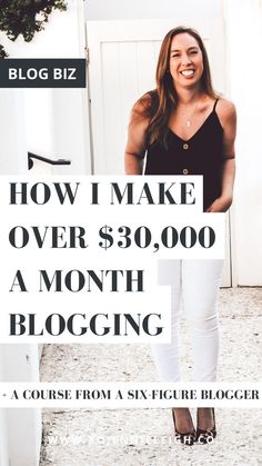 a woman standing in front of a white door with the words how i make over $ 300, 000 a month blogging