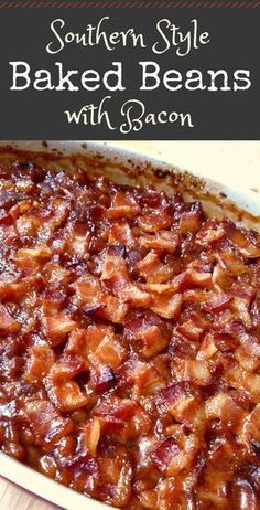 southern style baked beans with bacon in a casserole dish