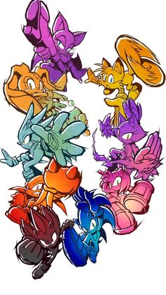 an image of many different colored cartoon animals in the same circle with their heads together