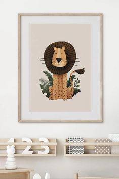 a framed art print of a lion with a hat on it's head, sitting in