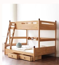 a wooden bunk bed with two drawers underneath it and a ladder to the bottom for storage