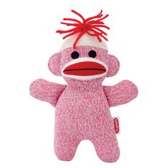 a pink sock monkey stuffed animal with red hair