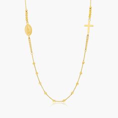 14K Yellow Gold Rosary Necklace. This classic necklace is a beautiful way to showcase your faith. Set in 14k gold, comfortably wear it everyday alone or combine it with multiple pieces for a lovely layered look.