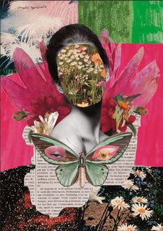 an altered collage with flowers and butterflies on top of a woman's face