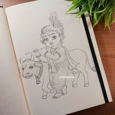 an open book with a drawing of a boy on the cover and a cow next to it