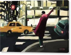 a painting of a woman crossing the street with her hand up in the air,