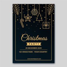 a christmas party flyer with gold and black decorations on a dark blue background for a holiday event