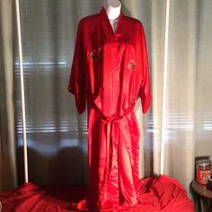 Beautiful Red 100% Silk Embroidered Asian Long Robe W/ Pockets And Belt Golden Dragon, Sleepwear Robe, Embroidered Silk, Sleepwear Women, Silk Satin, Women's Intimates, Satin, Silk, Red