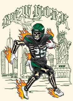 a drawing of a football player running with the statue of liberty in the back ground