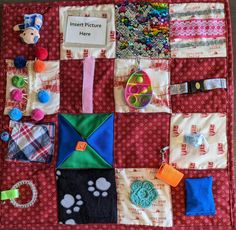 an assortment of items are displayed on a quilt