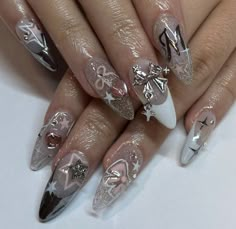 Stiletto Nails With Gems, January Acrylic Nails, Silver Stiletto Nails, Nails With Gems, Asian Nails, Punk Nails, Korean Nails, Garden Grove