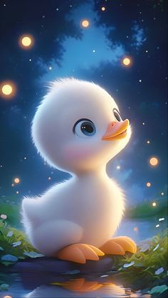 a white duck sitting on top of a body of water under a night sky filled with stars