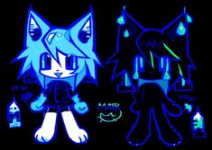 two cartoon cats are standing next to each other in front of a black background with blue and green lights