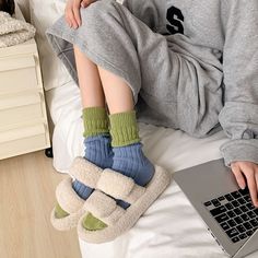 Material: Cotton, Polyester Casual Warm Socks, Green Winter Socks, Warm Gray Casual Socks, Comfortable Green Winter Socks, Warm Casual Gray Socks, Casual Warm Gray Socks, Casual Warm Comfortable Socks, Casual Indoor Socks For Winter, Casual Comfortable Warm Socks