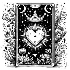 the queen of hearts tarot card in black and white with flowers, stars and crescents