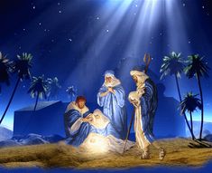 the nativity scene with three wise men and baby jesus in blue robes, surrounded by palm trees