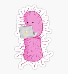 a pink creature holding a laptop computer sticker