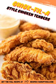 fried chicken tenders on a white plate with dipping sauce in the background and an advertisement for style chicken tenders