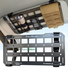 the inside of a car with two different items hanging from it's roof rack