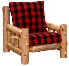 a log chair with a red and black plaid seat cover