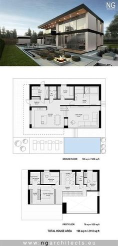 the floor plan for a modern house with two levels and an open living room, dining area