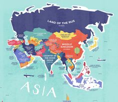 an illustrated map of asia with all the countries and their major cities on it's sides